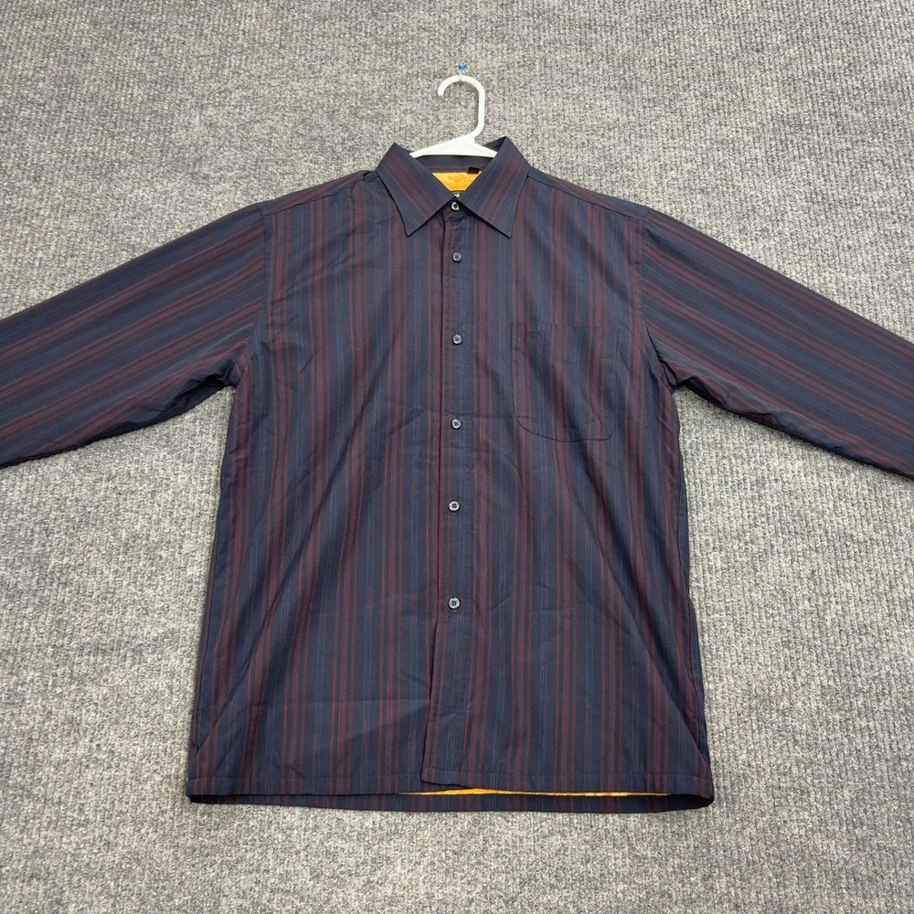 PIN Classics Button Up Mens S Navy Burgundy Striped Fleece Lined Winter Shirt‎